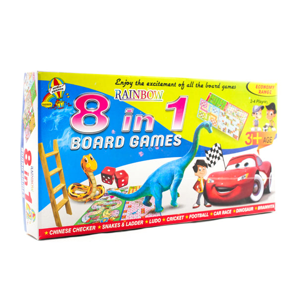 8-in-1 Classic Board Game Set – Ludo, Snake & Ladder, Cricket, Football, Car Race, Dinosaur, Brainvita, and Chinese Checkers