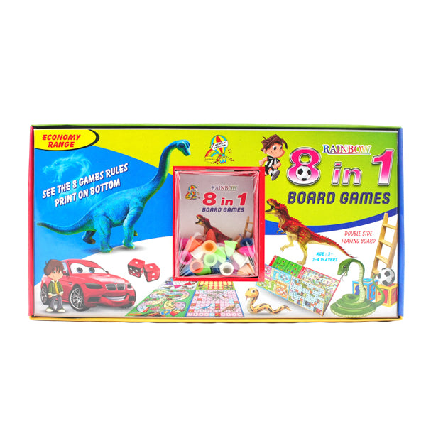 8-in-1 Classic Board Game Set – Ludo, Snake & Ladder, Cricket, Football, Car Race, Dinosaur, Brainvita, and Chinese Checkers