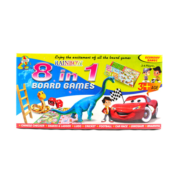 8-in-1 Classic Board Game Set – Ludo, Snake & Ladder, Cricket, Football, Car Race, Dinosaur, Brainvita, and Chinese Checkers